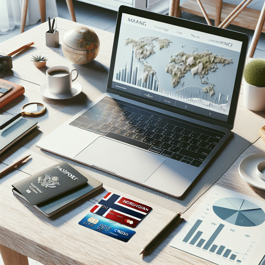 A modern Scandinavian-style workspace with a Norwegian credit card, laptop showing finance charts, and travel items (passport, map) suggesting secure, smart credit management
