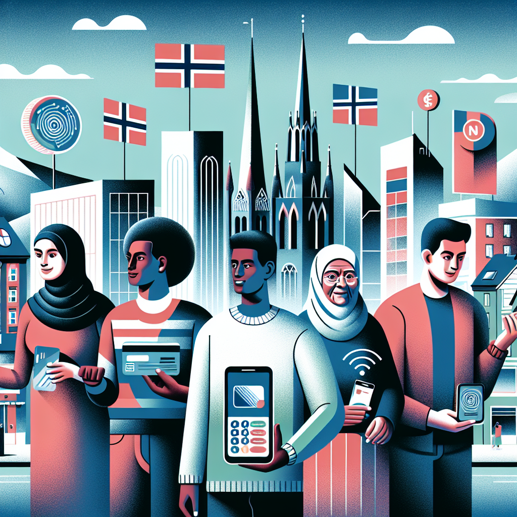 A clean, modern illustration of a Norwegian city scene with people using credit cards on smartphones and contactless terminals, featuring subtle Norwegian flag colors and banking icons