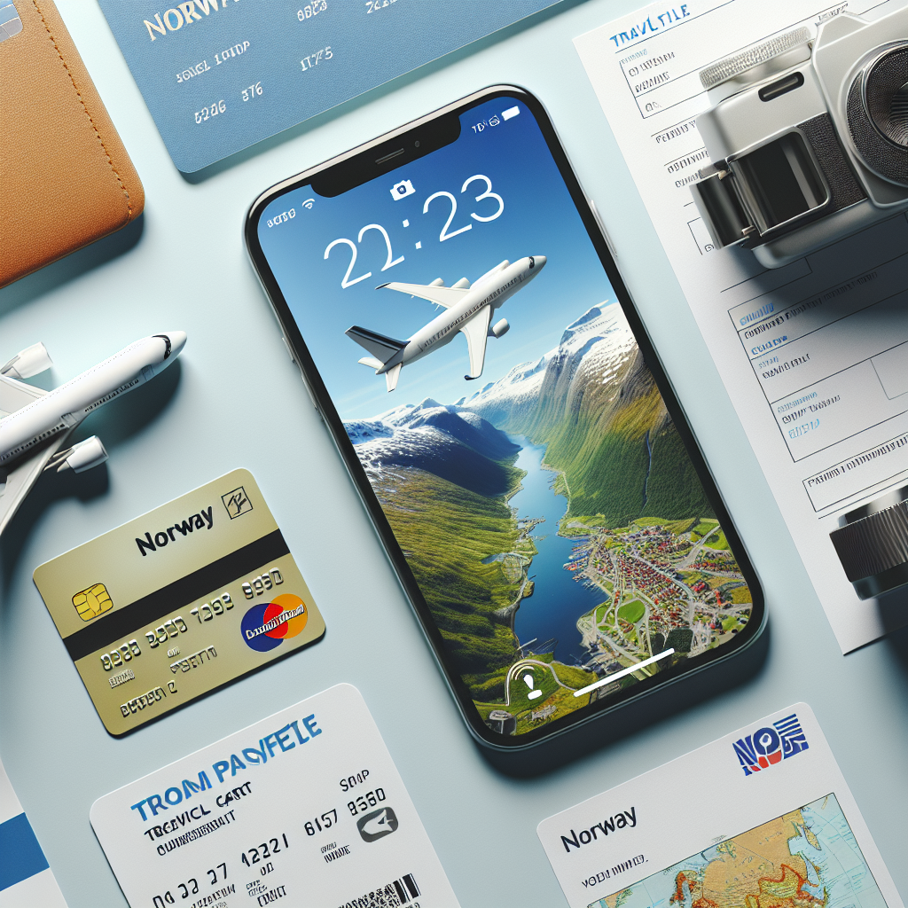 A modern flat-lay of Norwegian travel essentials: a credit card, smartphone showing a banking app, a boarding pass, and a map of Norway, bright clean aesthetic