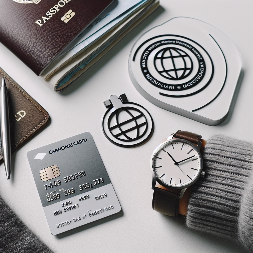A modern Norwegian credit card on a clean desk with a BankID icon, passport, and a traveler wearing a stylish durable watch, minimal professional style