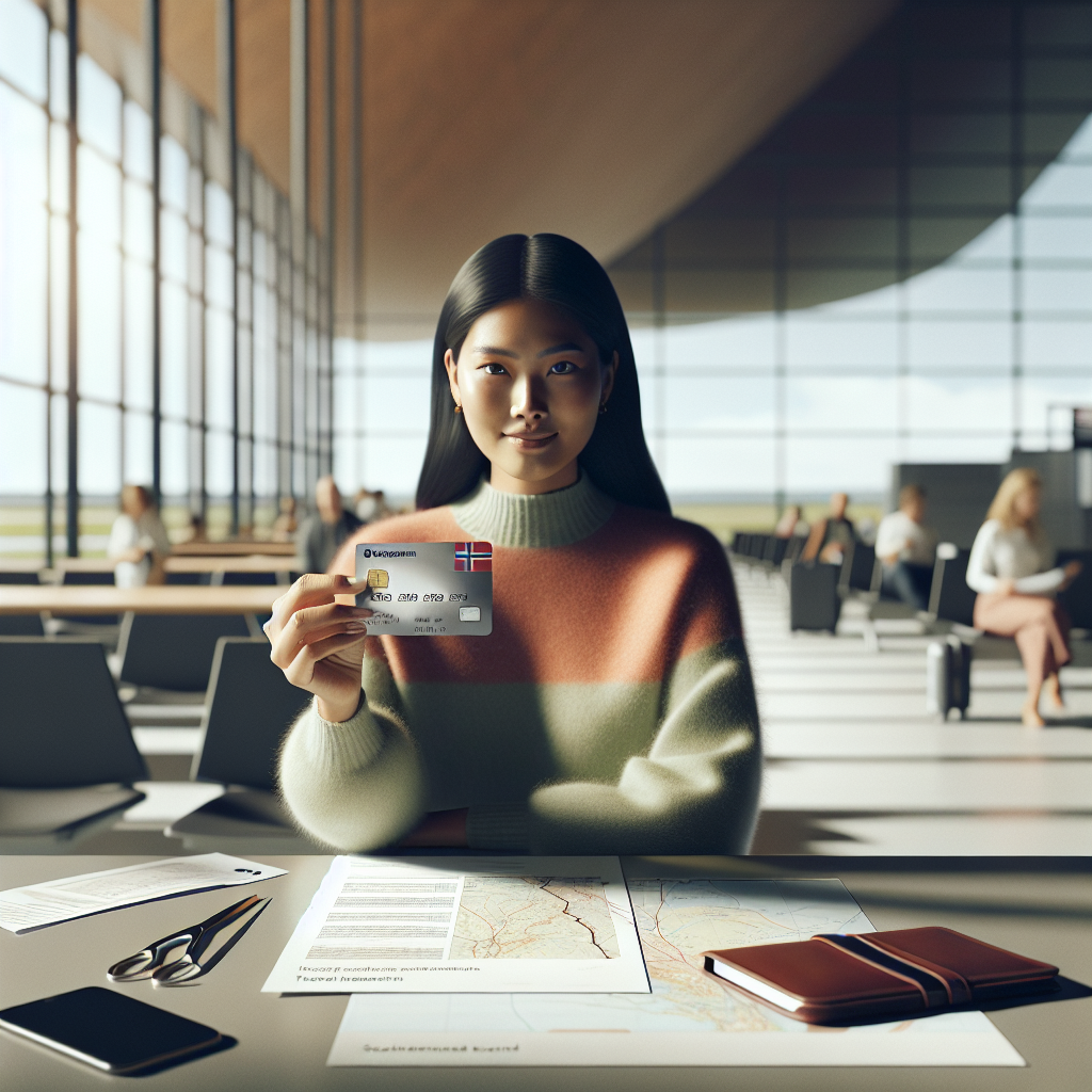 Traveler holding a Norwegian credit card at an airport with travel insurance documents and a map on a table, modern Scandinavian aesthetic, natural light