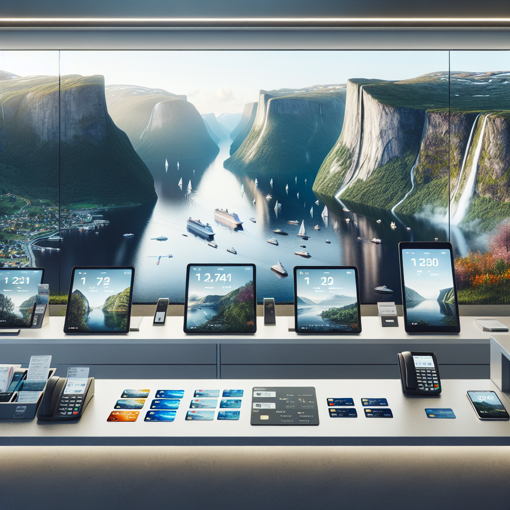 Modern concierge desk with digital devices, credit cards, travel items and Norwegian fjord backdrop, clean professional style, high resolution